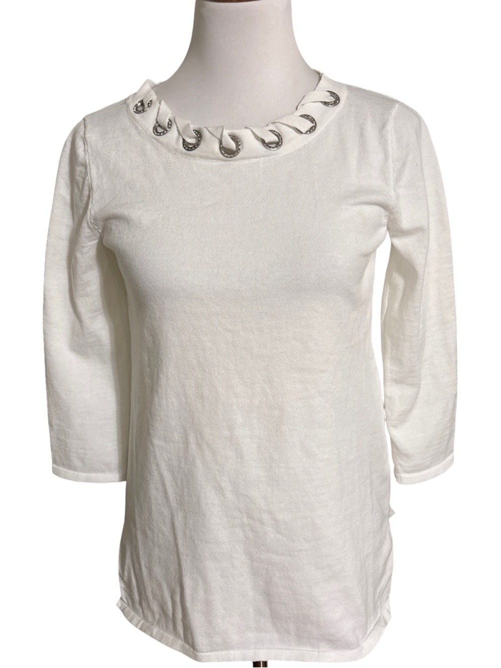 Spense White Grommet-Trim Crewneck Top